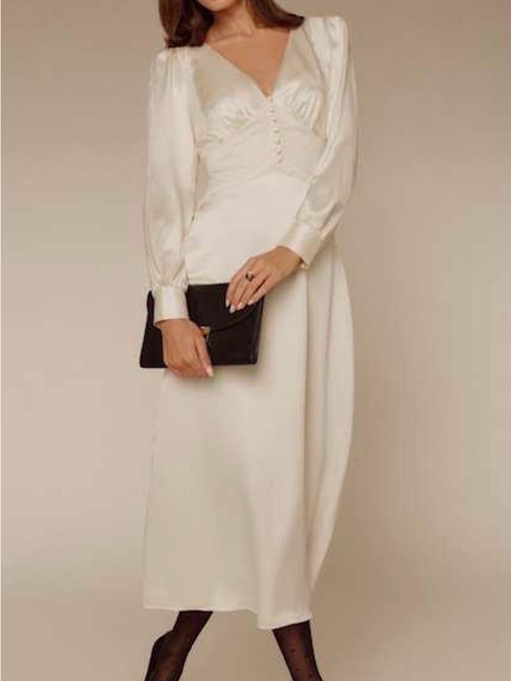 Reformation Ivory Satin V-Neck Button Front Slip Dress - Picture 2 of 9